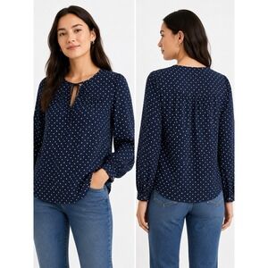 LOFT Navy Blue Polka Dot Tie Neck Blouse Top Women's Small 3/4  Sleeve